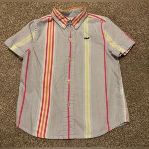 Vineyard Vines Whale short sleeve button up shirt 3T Vertical Stripes Blue Pink